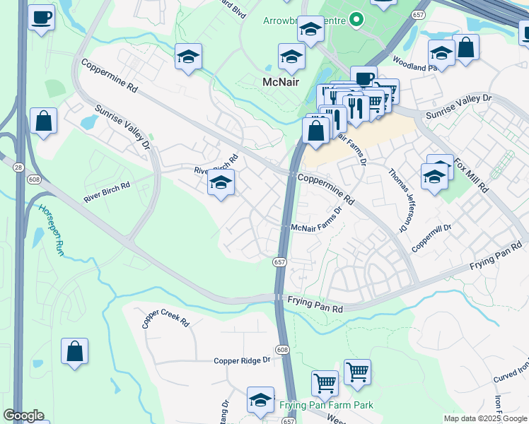 map of restaurants, bars, coffee shops, grocery stores, and more near 2560 James Maury Drive in Herndon