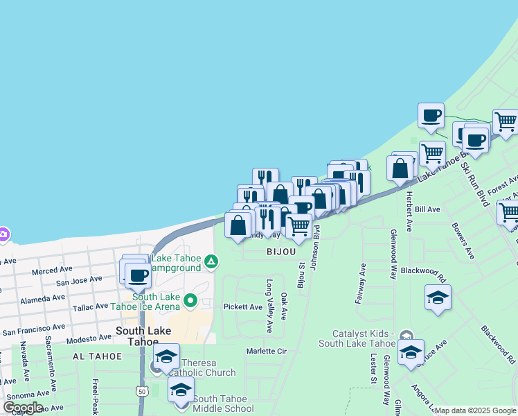 map of restaurants, bars, coffee shops, grocery stores, and more near 3339 Lake Tahoe Boulevard in South Lake Tahoe