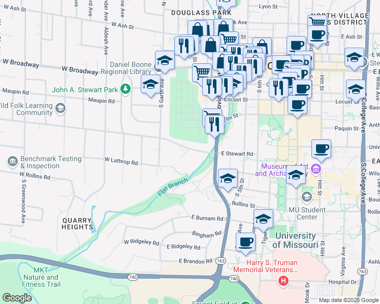 map of restaurants, bars, coffee shops, grocery stores, and more near 100 East Stewart Road in Columbia
