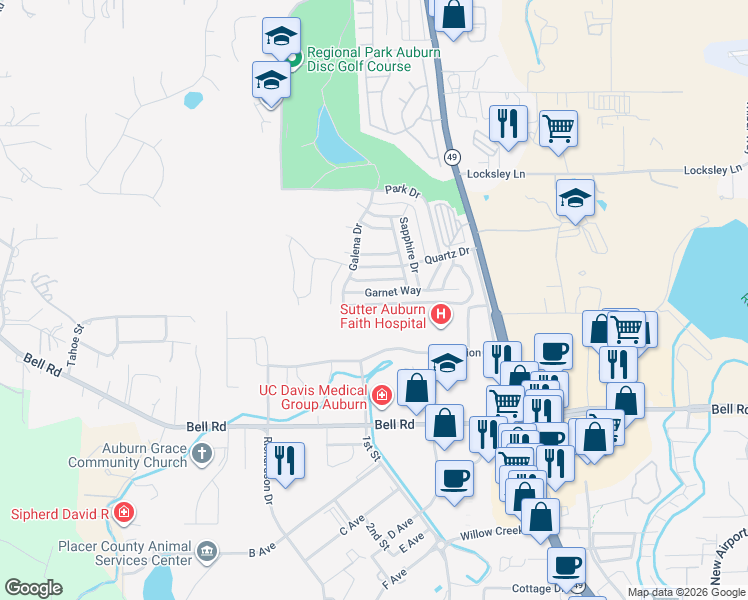 map of restaurants, bars, coffee shops, grocery stores, and more near 11500 Garnet Way in Auburn