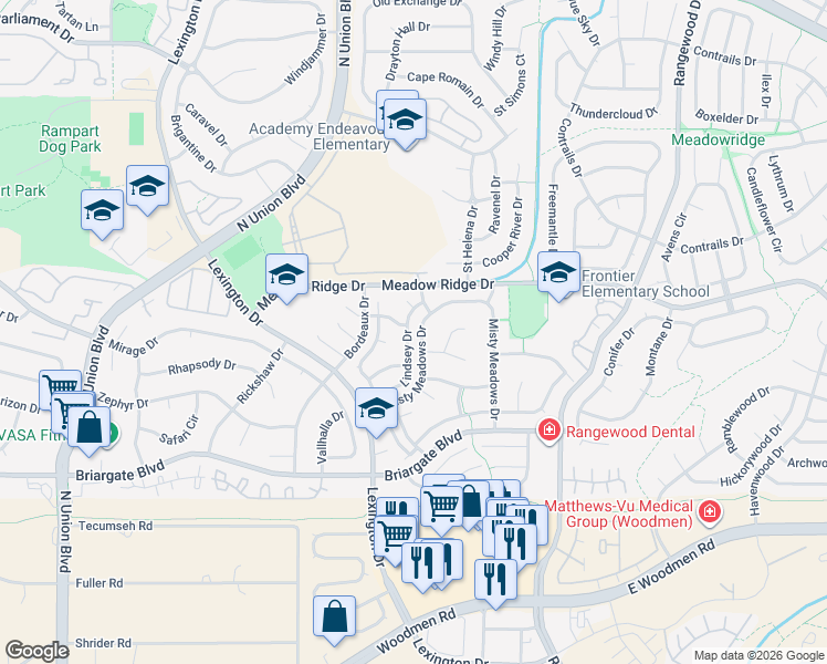 map of restaurants, bars, coffee shops, grocery stores, and more near 7875 Lindsey Drive in Colorado Springs