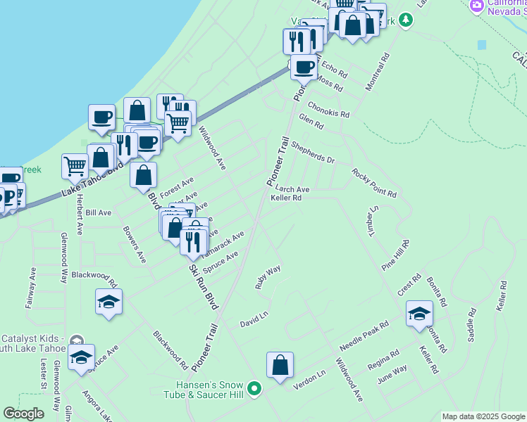 map of restaurants, bars, coffee shops, grocery stores, and more near 3788 Markoffer Way in South Lake Tahoe