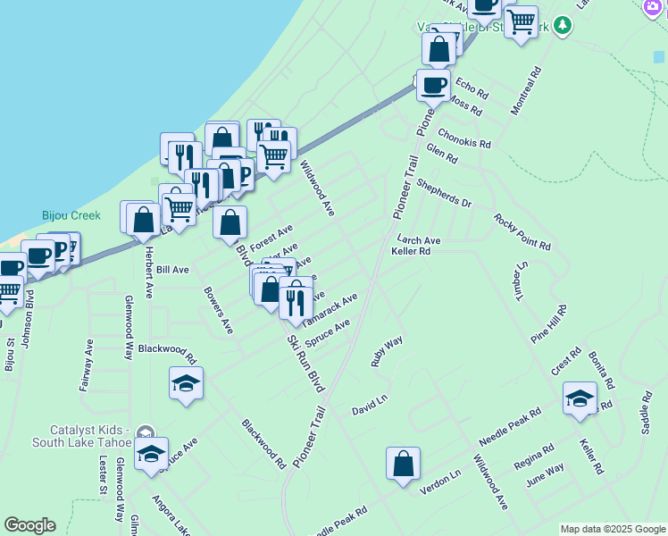 map of restaurants, bars, coffee shops, grocery stores, and more near 3720 Larch Avenue in South Lake Tahoe