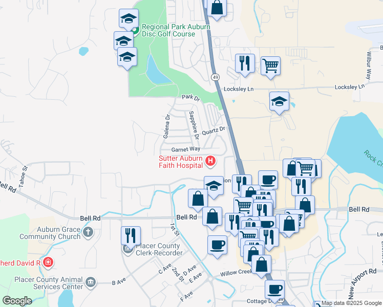 map of restaurants, bars, coffee shops, grocery stores, and more near 11580 Garnet Way in Auburn