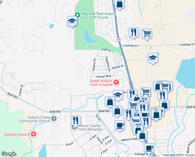 map of restaurants, bars, coffee shops, grocery stores, and more near 11500 Garnet Way in Auburn