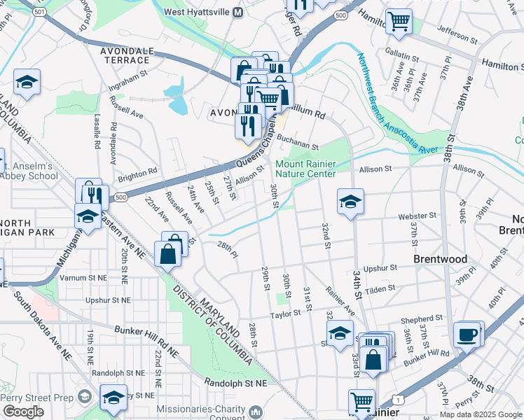 map of restaurants, bars, coffee shops, grocery stores, and more near 101 Independence Avenue Southeast in Washington