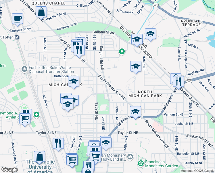 map of restaurants, bars, coffee shops, grocery stores, and more near 1301 Buchanan Street Northeast in Washington