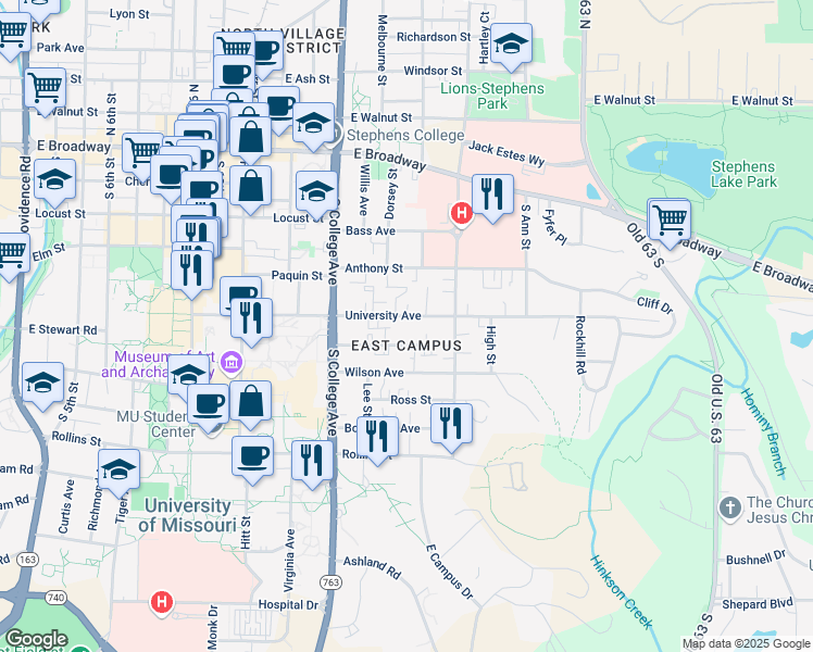 map of restaurants, bars, coffee shops, grocery stores, and more near 1410 University Avenue in Columbia