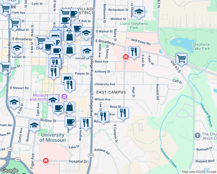 map of restaurants, bars, coffee shops, grocery stores, and more near 1410 University Avenue in Columbia