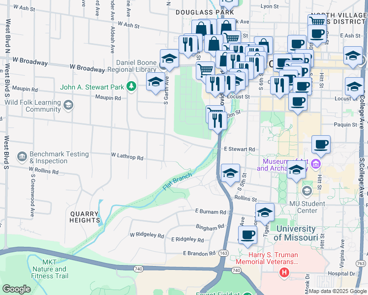 map of restaurants, bars, coffee shops, grocery stores, and more near 100 East Stewart Road in Columbia