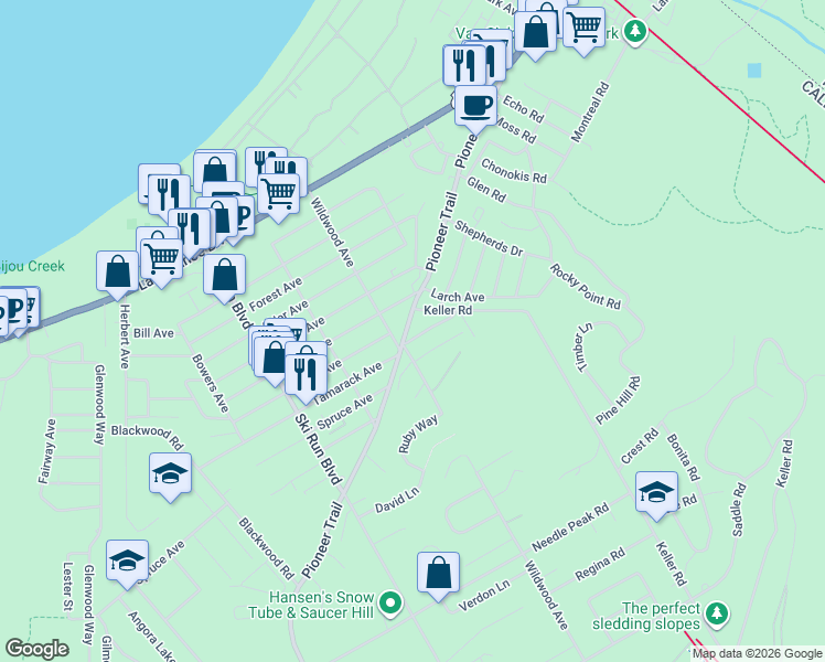 map of restaurants, bars, coffee shops, grocery stores, and more near 3788 Markoffer Way in South Lake Tahoe