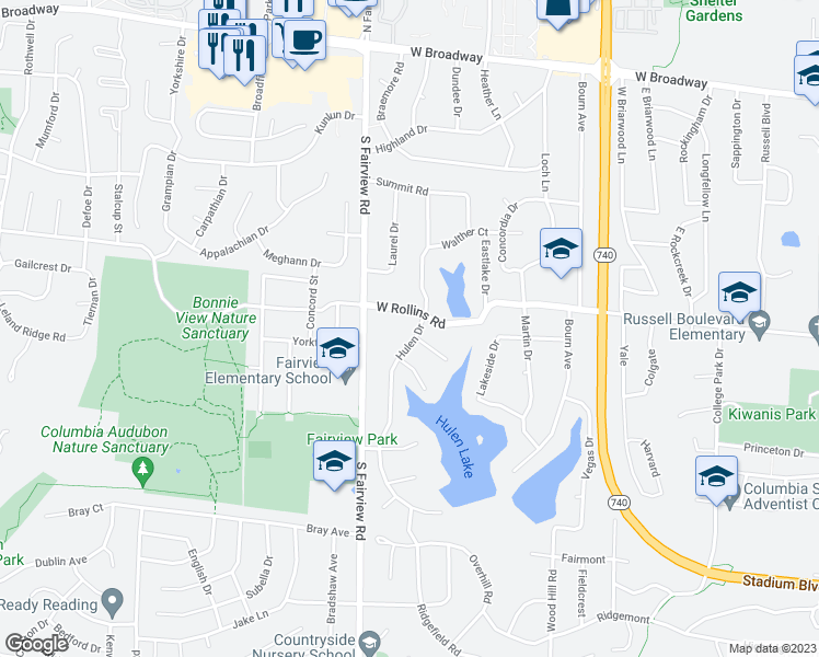 map of restaurants, bars, coffee shops, grocery stores, and more near 805 Hulen Dr in Columbia