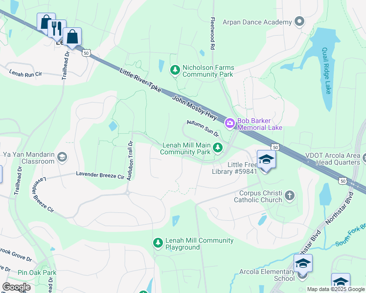 map of restaurants, bars, coffee shops, grocery stores, and more near 24271 Quail Crossing Way in Aldie
