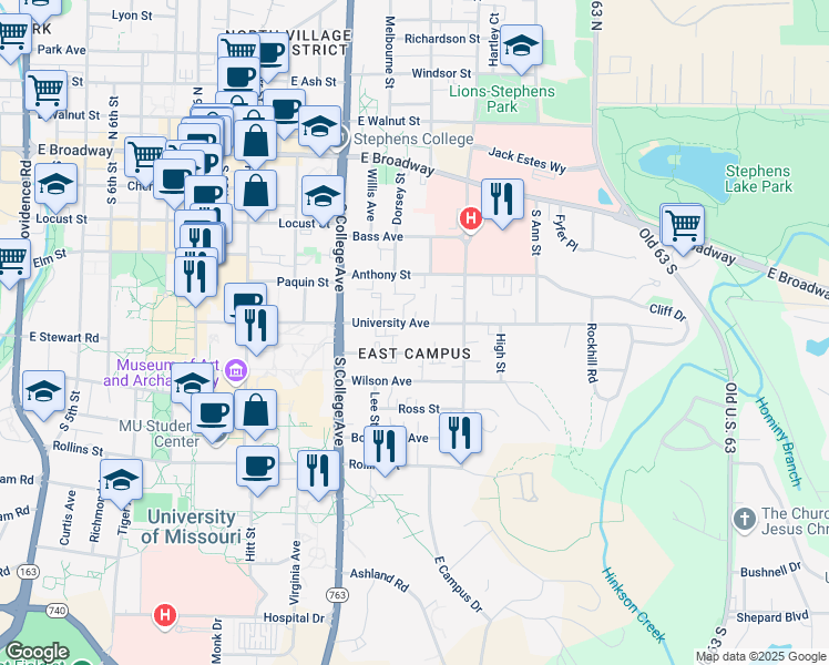 map of restaurants, bars, coffee shops, grocery stores, and more near 1410 University Avenue in Columbia