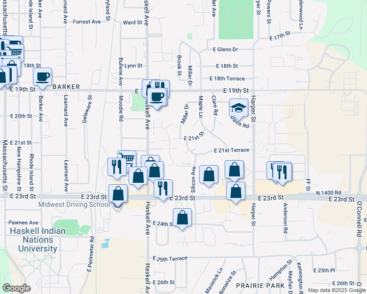 map of restaurants, bars, coffee shops, grocery stores, and more near 1307 East 21st Terrace in Lawrence