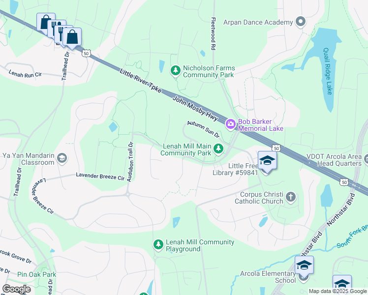 map of restaurants, bars, coffee shops, grocery stores, and more near 24271 Quail Crossing Way in Aldie