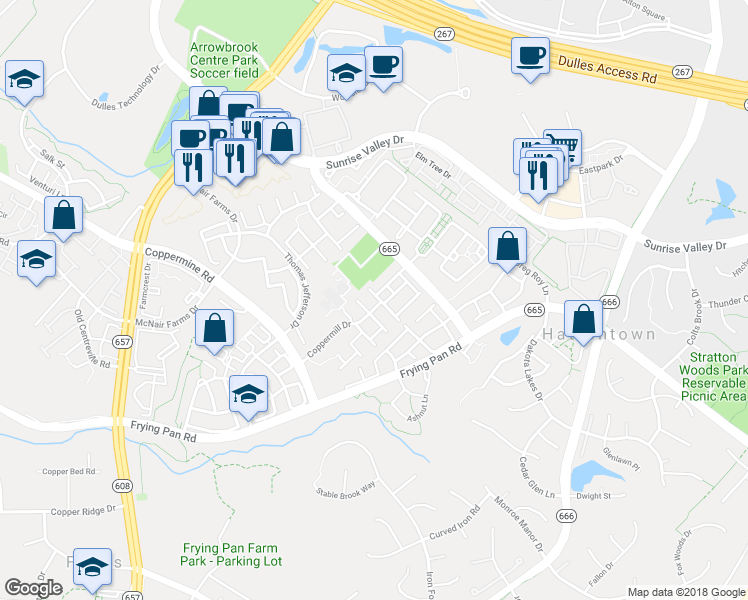 map of restaurants, bars, coffee shops, grocery stores, and more near 2452 Laura Mark Lane in Herndon
