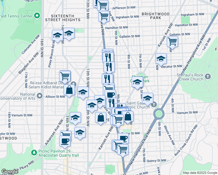 map of restaurants, bars, coffee shops, grocery stores, and more near Georgia Ave NW & Buchanan St NW in Washington