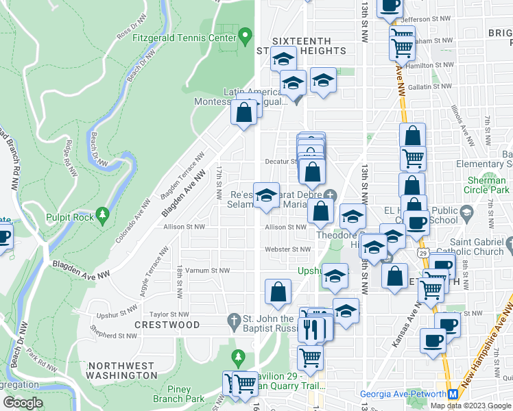 map of restaurants, bars, coffee shops, grocery stores, and more near 16th St NW & Buchanan St NW in Washington