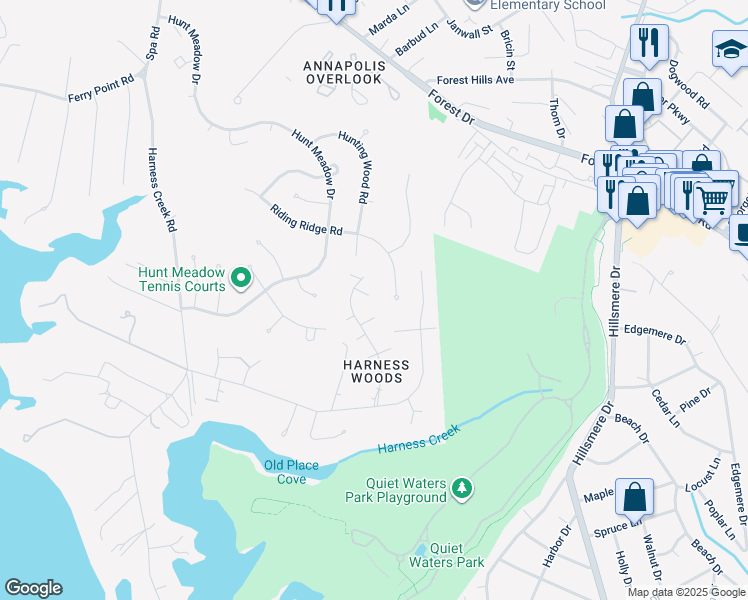 map of restaurants, bars, coffee shops, grocery stores, and more near 22 Potters Lane in Annapolis