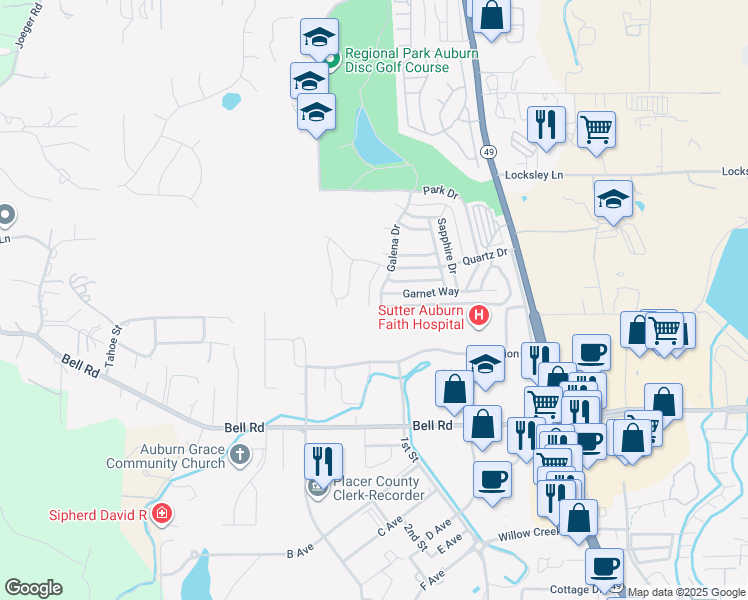map of restaurants, bars, coffee shops, grocery stores, and more near 3537 Galena Drive in Auburn
