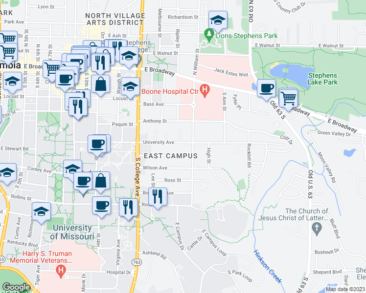 map of restaurants, bars, coffee shops, grocery stores, and more near 1500 University Avenue in Columbia