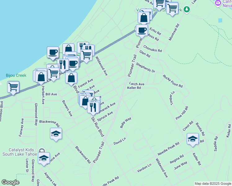 map of restaurants, bars, coffee shops, grocery stores, and more near 1136 Wildwood Avenue in South Lake Tahoe