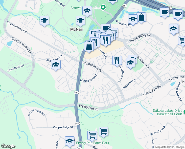 map of restaurants, bars, coffee shops, grocery stores, and more near Farmcrest Drive in Herndon