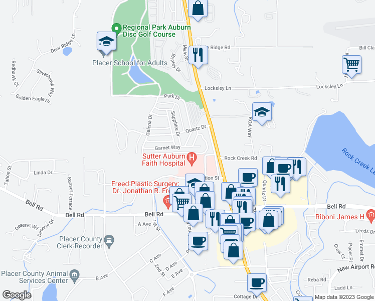 map of restaurants, bars, coffee shops, grocery stores, and more near 11640 Garnet Way in Auburn