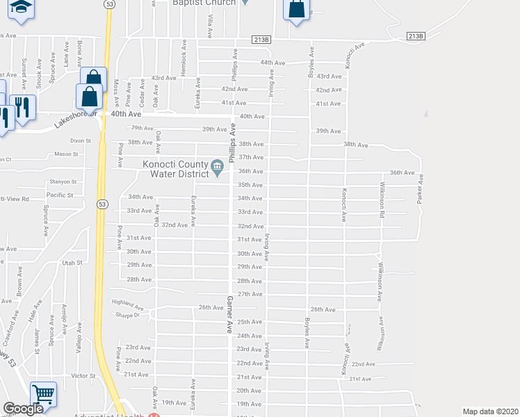 map of restaurants, bars, coffee shops, grocery stores, and more near 15988 33rd Avenue in Clearlake