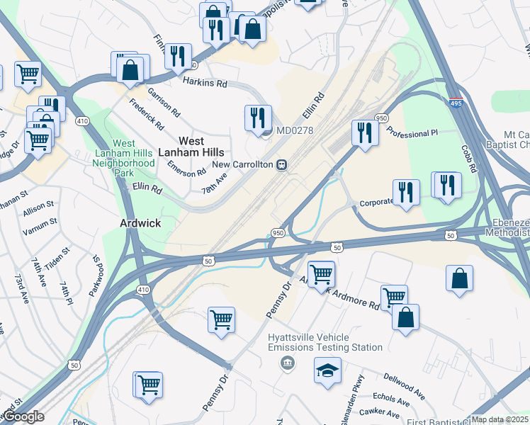 map of restaurants, bars, coffee shops, grocery stores, and more near 4000 Garden City Drive in Hyattsville
