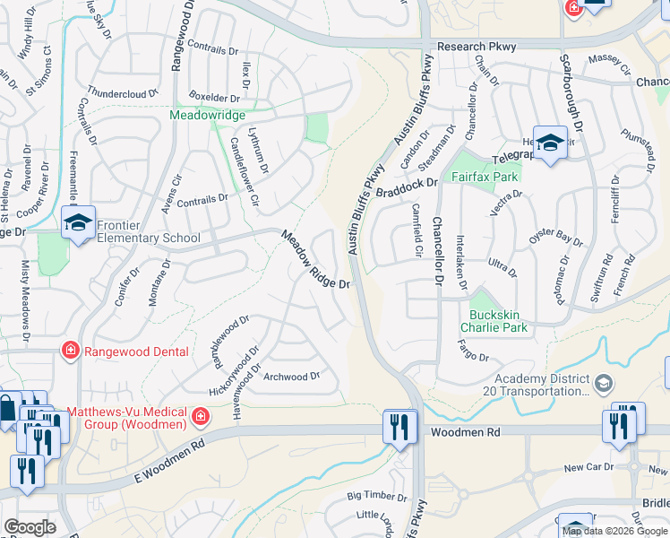 map of restaurants, bars, coffee shops, grocery stores, and more near 7823 Antelope Valley Point in Colorado Springs