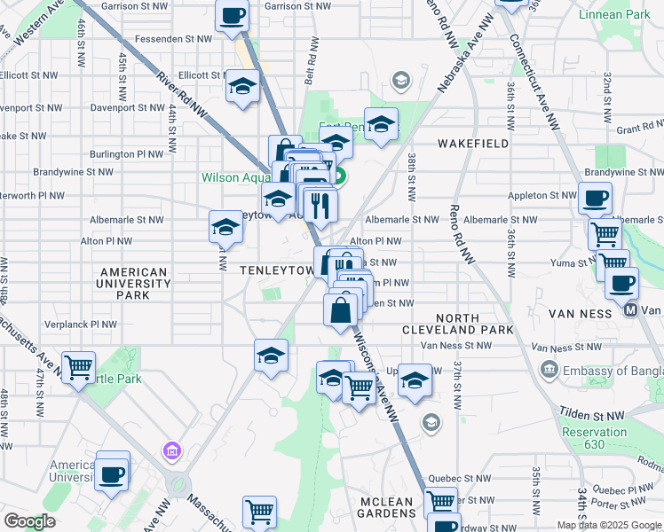 map of restaurants, bars, coffee shops, grocery stores, and more near Tenley Circle Northwest in Washington