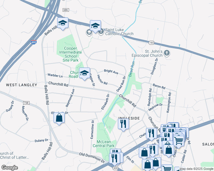 map of restaurants, bars, coffee shops, grocery stores, and more near 6935 Hector Road in McLean