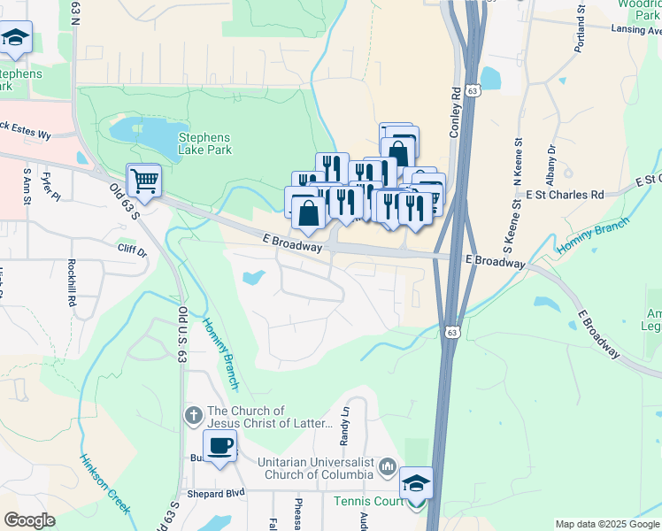 map of restaurants, bars, coffee shops, grocery stores, and more near Trimble Rd & Broadway Village Dr in Columbia