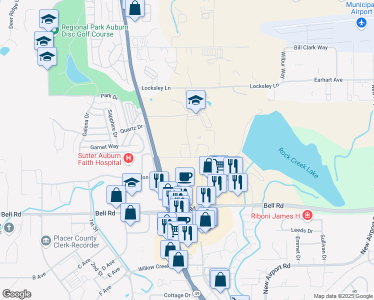 map of restaurants, bars, coffee shops, grocery stores, and more near 3501 Koa Way in Auburn