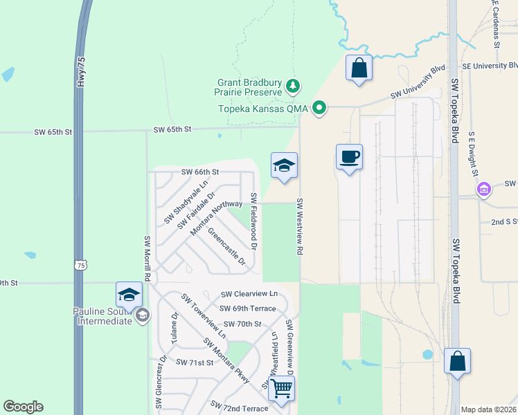 map of restaurants, bars, coffee shops, grocery stores, and more near 6700 Southwest Fieldwood Drive in Topeka