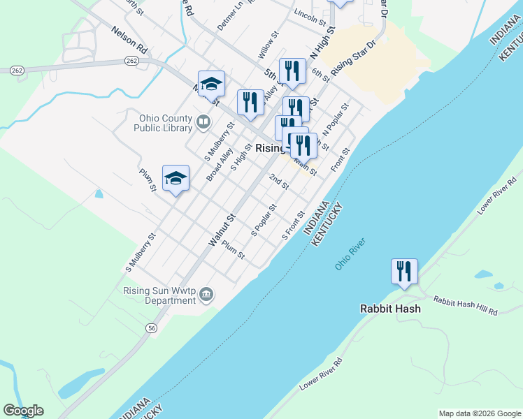map of restaurants, bars, coffee shops, grocery stores, and more near 300 South Poplar Street in Rising Sun