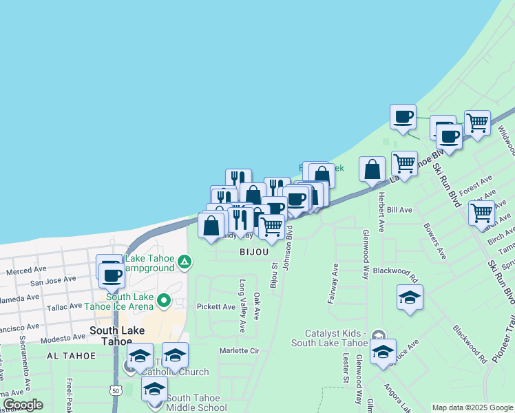 map of restaurants, bars, coffee shops, grocery stores, and more near 3371 Lake Tahoe Boulevard in South Lake Tahoe