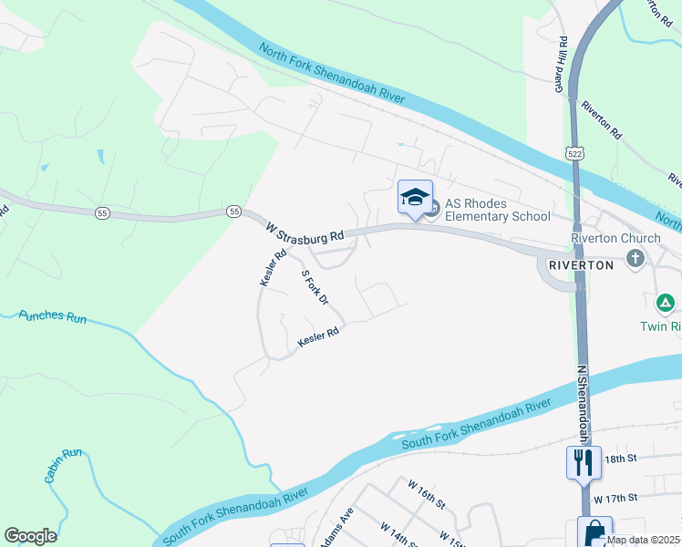 map of restaurants, bars, coffee shops, grocery stores, and more near 1250 Valley View Drive in Front Royal