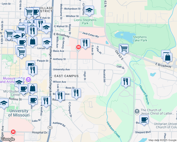 map of restaurants, bars, coffee shops, grocery stores, and more near 1622 University Avenue in Columbia