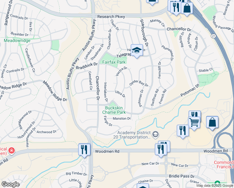 map of restaurants, bars, coffee shops, grocery stores, and more near 4970 Stillwell Drive in Colorado Springs
