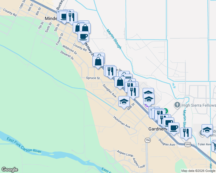 map of restaurants, bars, coffee shops, grocery stores, and more near 1524 North Court in Gardnerville