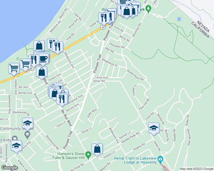 map of restaurants, bars, coffee shops, grocery stores, and more near 3814 Stewart Way in South Lake Tahoe