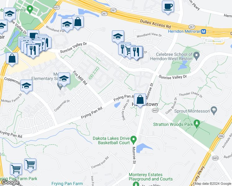 map of restaurants, bars, coffee shops, grocery stores, and more near 13040 Cabin Creek Road in Herndon