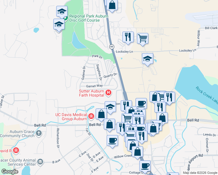 map of restaurants, bars, coffee shops, grocery stores, and more near 11640 Garnet Way in Auburn