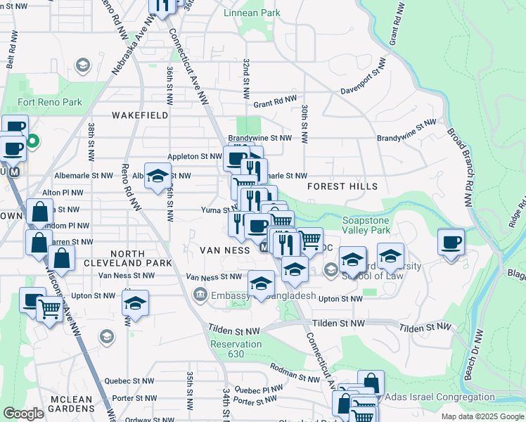 map of restaurants, bars, coffee shops, grocery stores, and more near 4411 Connecticut Avenue Northwest in Washington