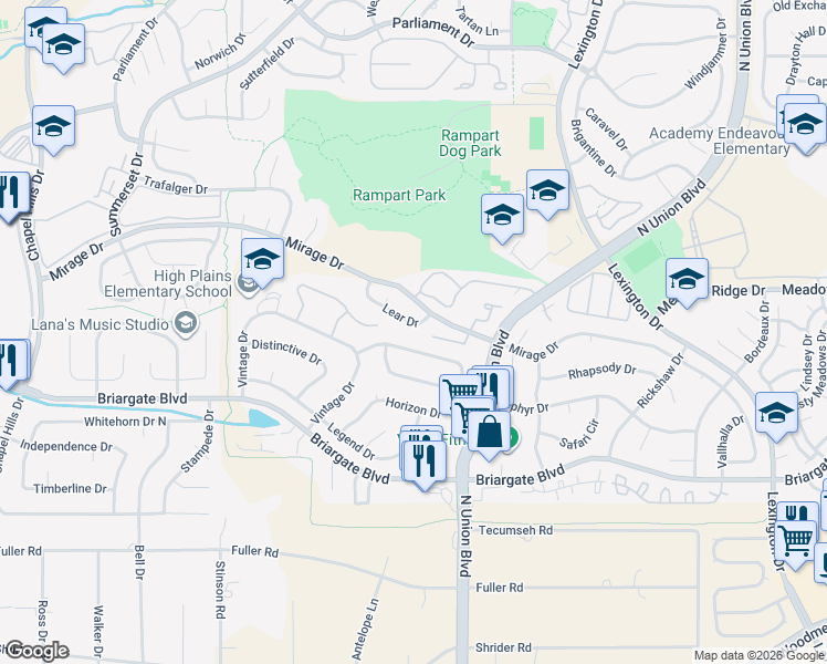 map of restaurants, bars, coffee shops, grocery stores, and more near 8141 Horizon Drive in Colorado Springs