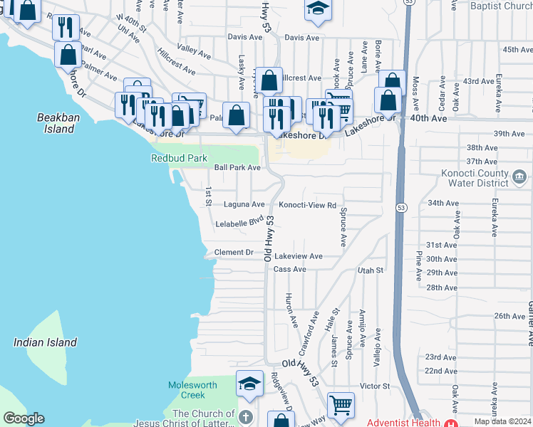map of restaurants, bars, coffee shops, grocery stores, and more near 14998 Lelabelle Boulevard in Clearlake