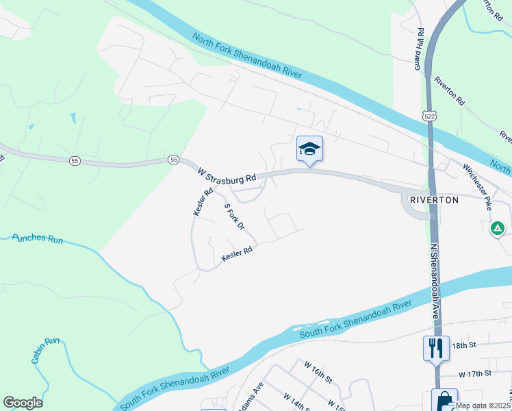 map of restaurants, bars, coffee shops, grocery stores, and more near 1250 Valley View Drive in Front Royal